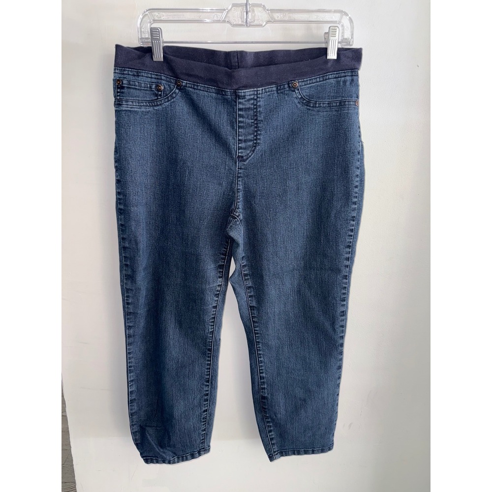 Chicos Platinum Blue Denim Pull On Cropped Jeggings Size 1.5 Dark Wash Stretch